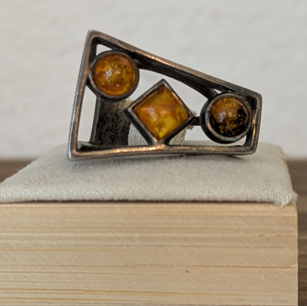 Geometric Amber Cabochon Artisan Sterling Ring Size 6